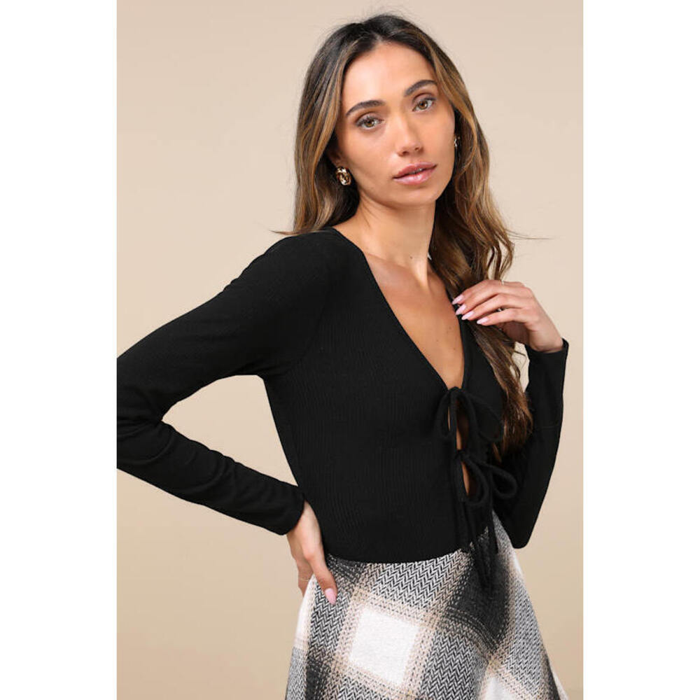 Never worn - Lulus Lovely Ties Black Ribbed Knit Tie-front Long Sleeve Bodysuit